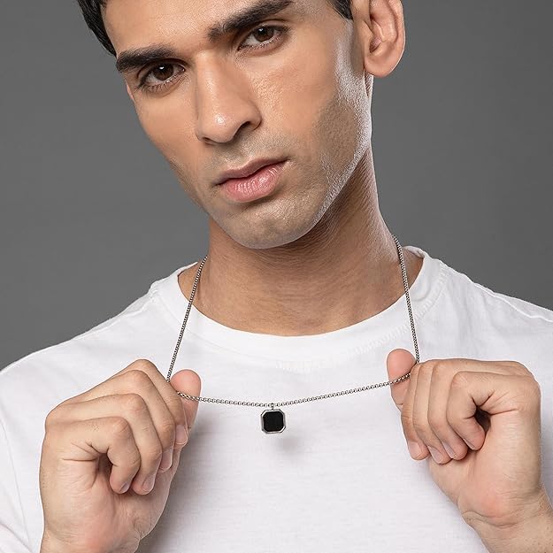 Stainless Steel Chain for Men with Black Square Pendant